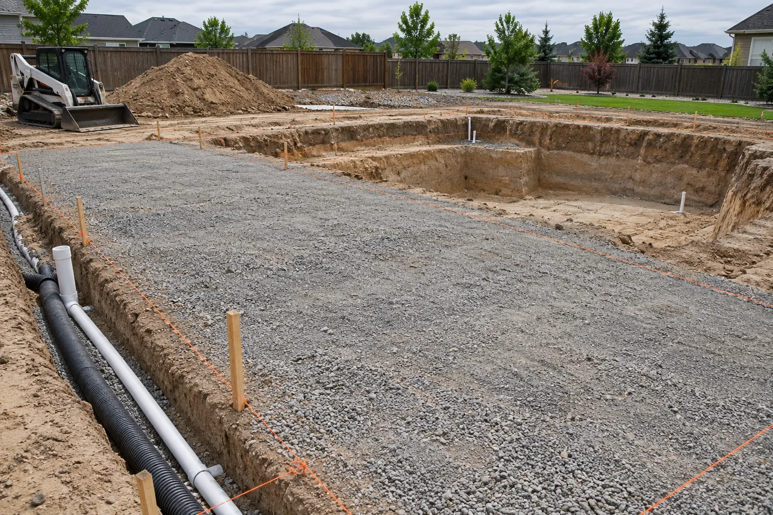 Pool site grading and compacted deck base being prepared beside a pool excavation in Meridian, Idaho