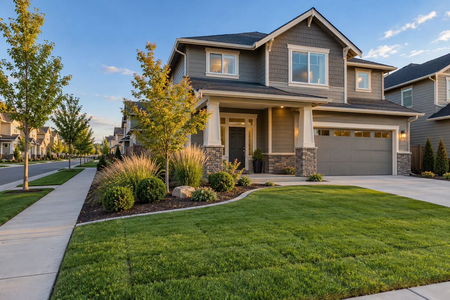 Freshly installed sod lawn with curbed planting beds in front of a subdivision home in Meridian, Idaho