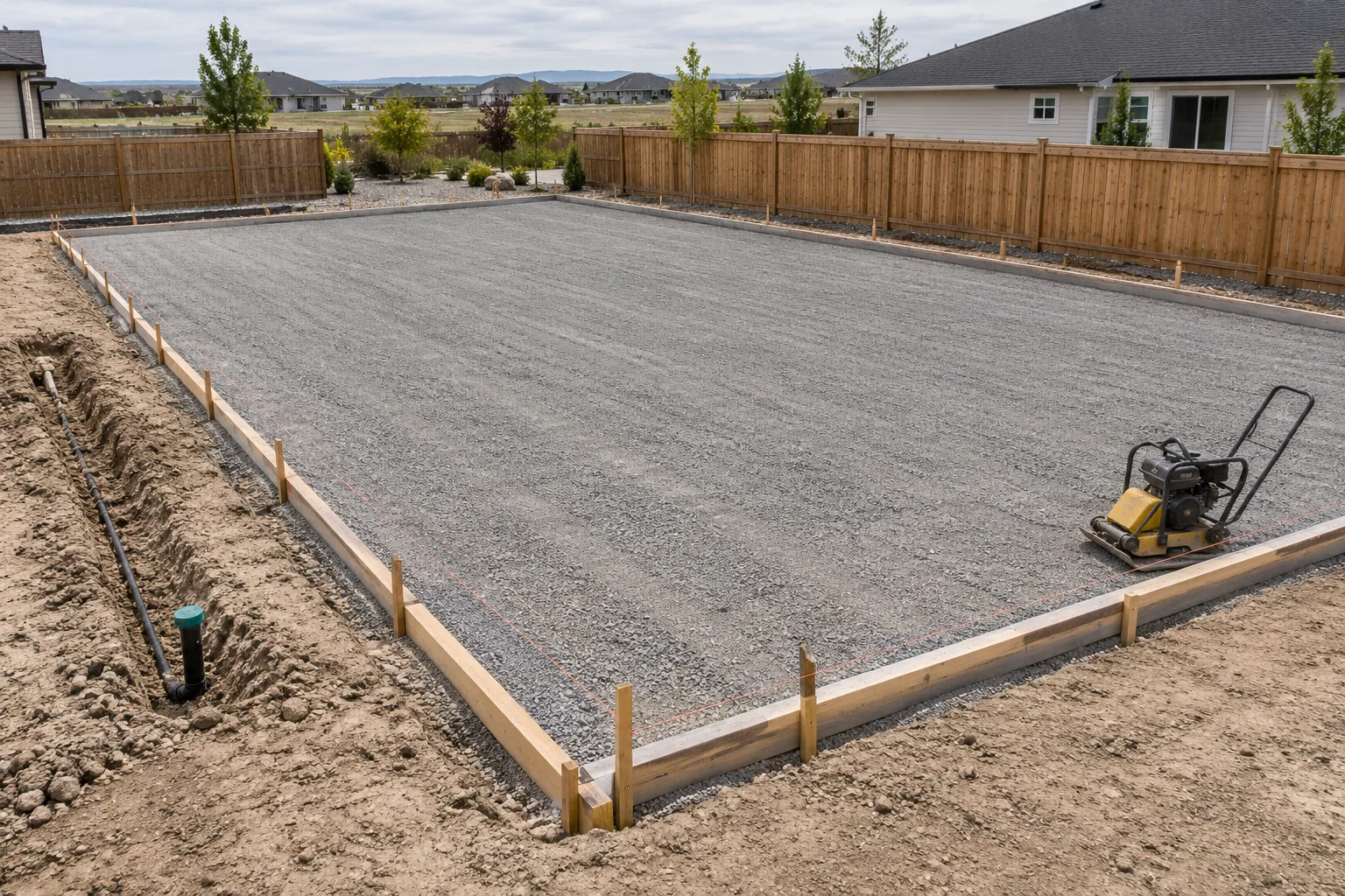 Sport court base preparation with compacted gravel and forms on a flat backyard lot in Meridian, Idaho