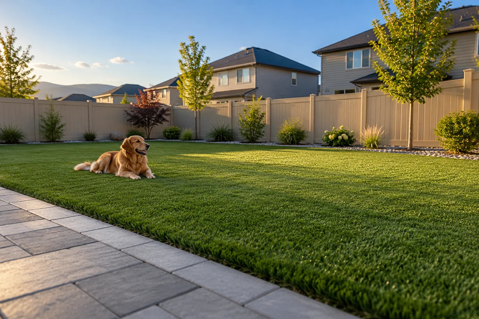 Pet-friendly artificial turf installation in a flat Meridian, Idaho subdivision backyard with paver patio and privacy fence
