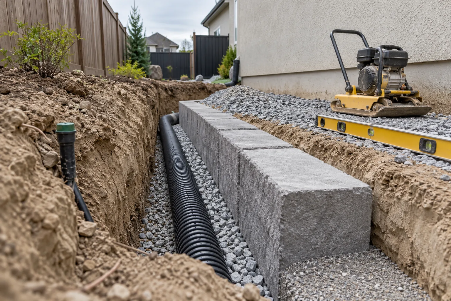 Retaining wall construction in Meridian, Idaho showing compacted gravel base, drain pipe, and drainage aggregate behind first block course