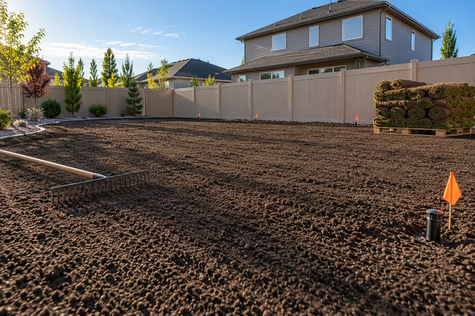 Backyard soil tilled and amended for sod with flagged sprinkler heads and sod rolls in Meridian, Idaho