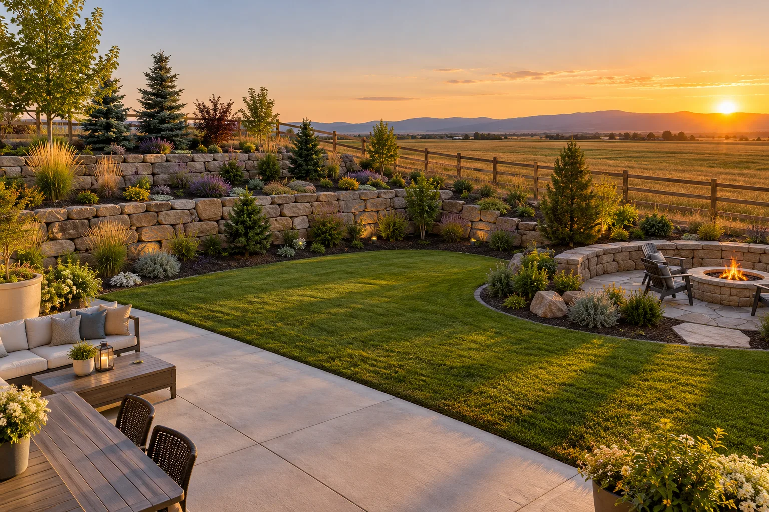 Terraced natural stone and boulder retaining walls with drought-tolerant plantings across a wide Meridian, Idaho backyard