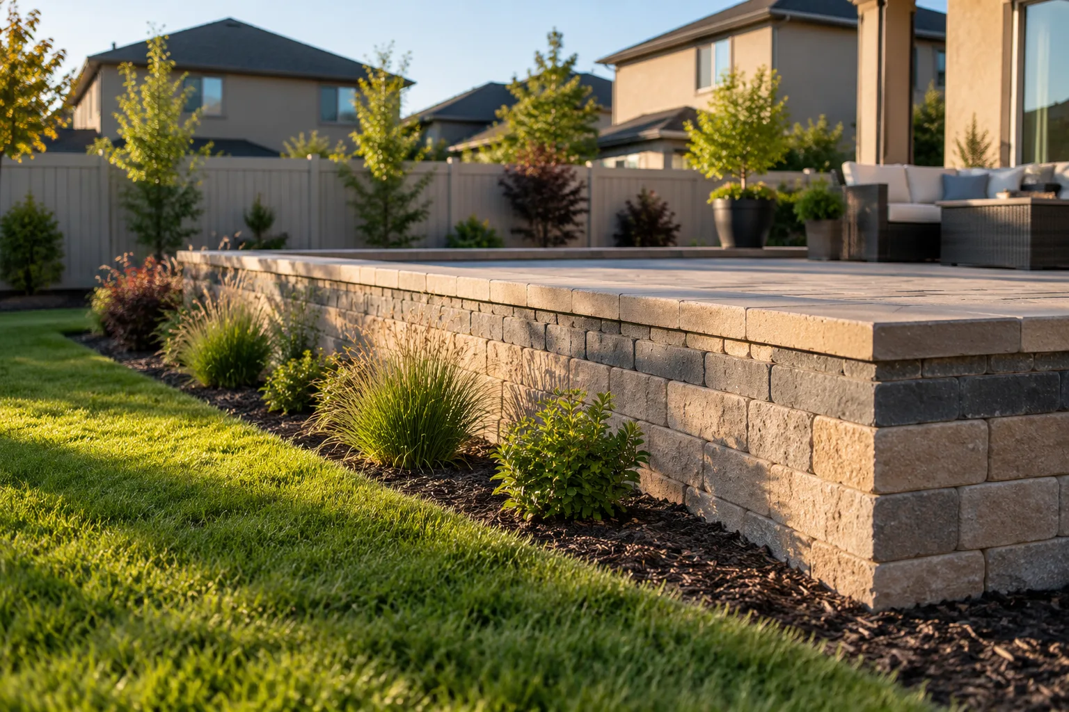 Tan segmental block retaining wall with caps holding a raised paver patio in a Meridian, Idaho backyard