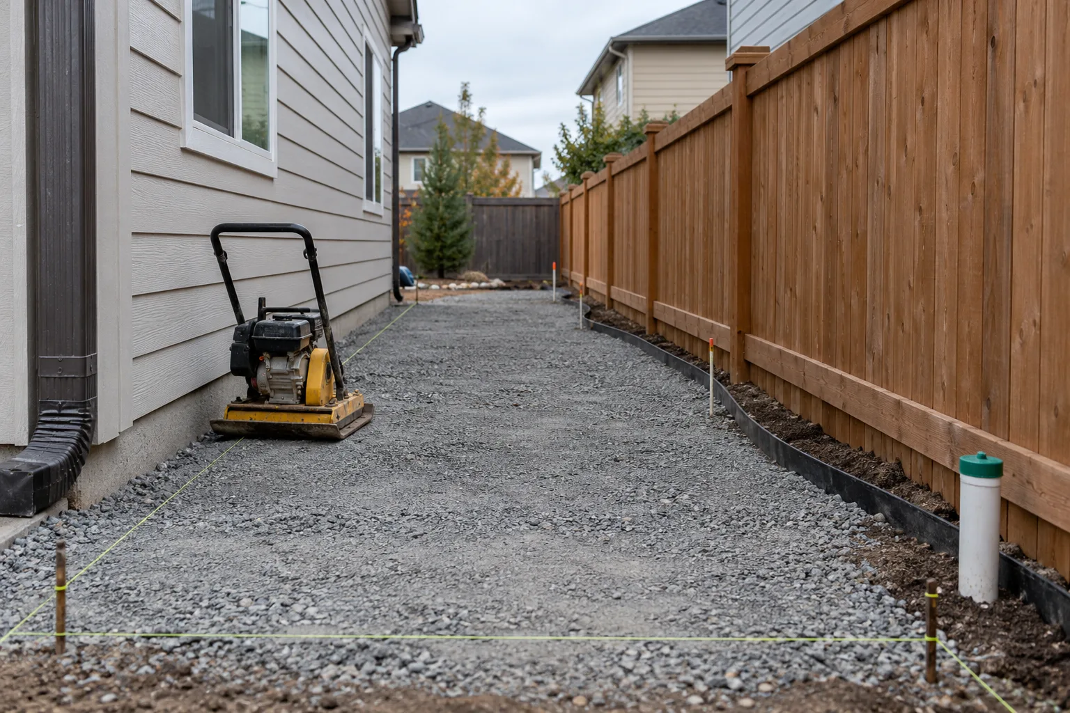 Compacted aggregate base and edging being prepared for artificial turf in a narrow Meridian, Idaho side yard