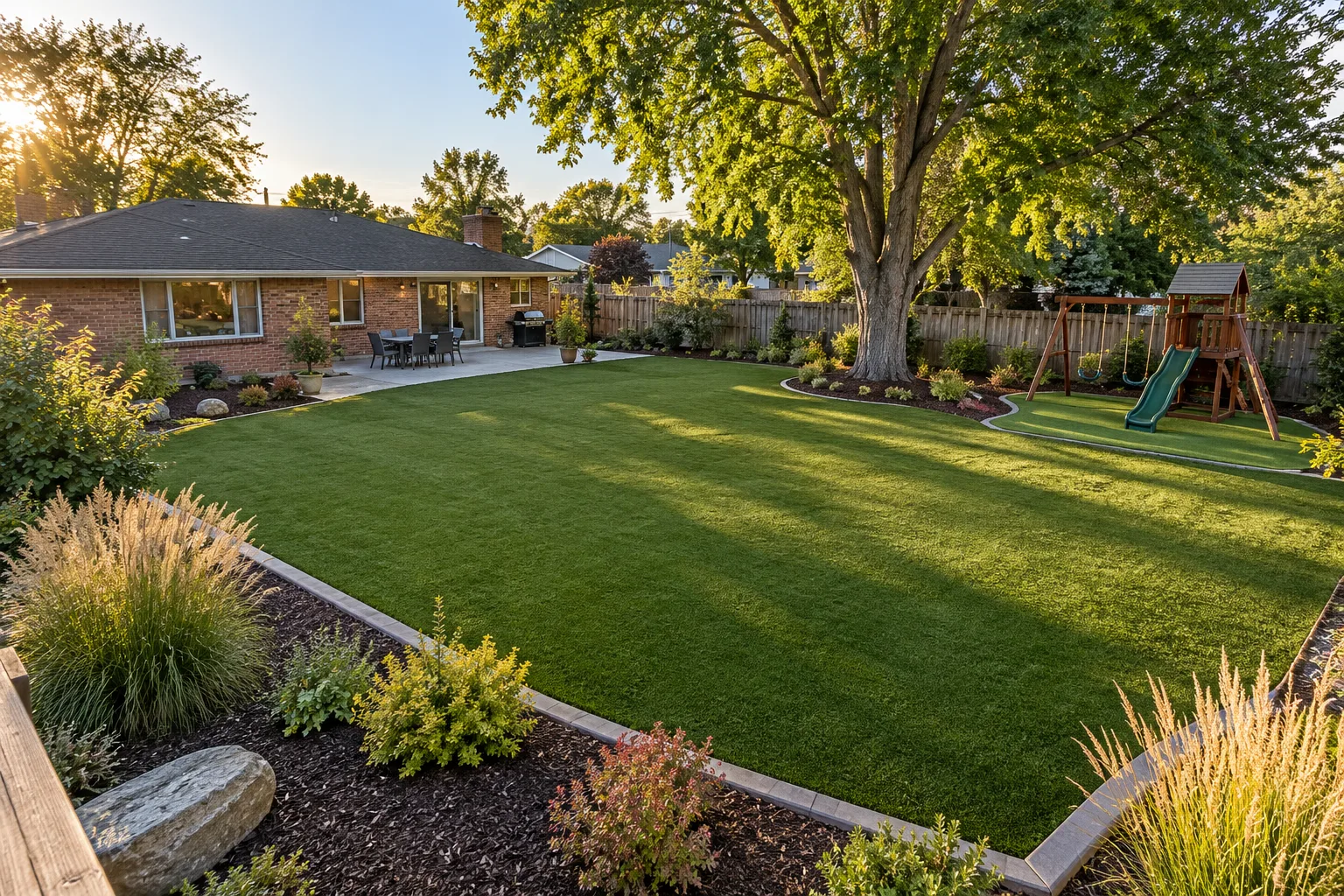 Wide view of an artificial turf lawn and play area behind a ranch-style home near downtown Meridian, Idaho