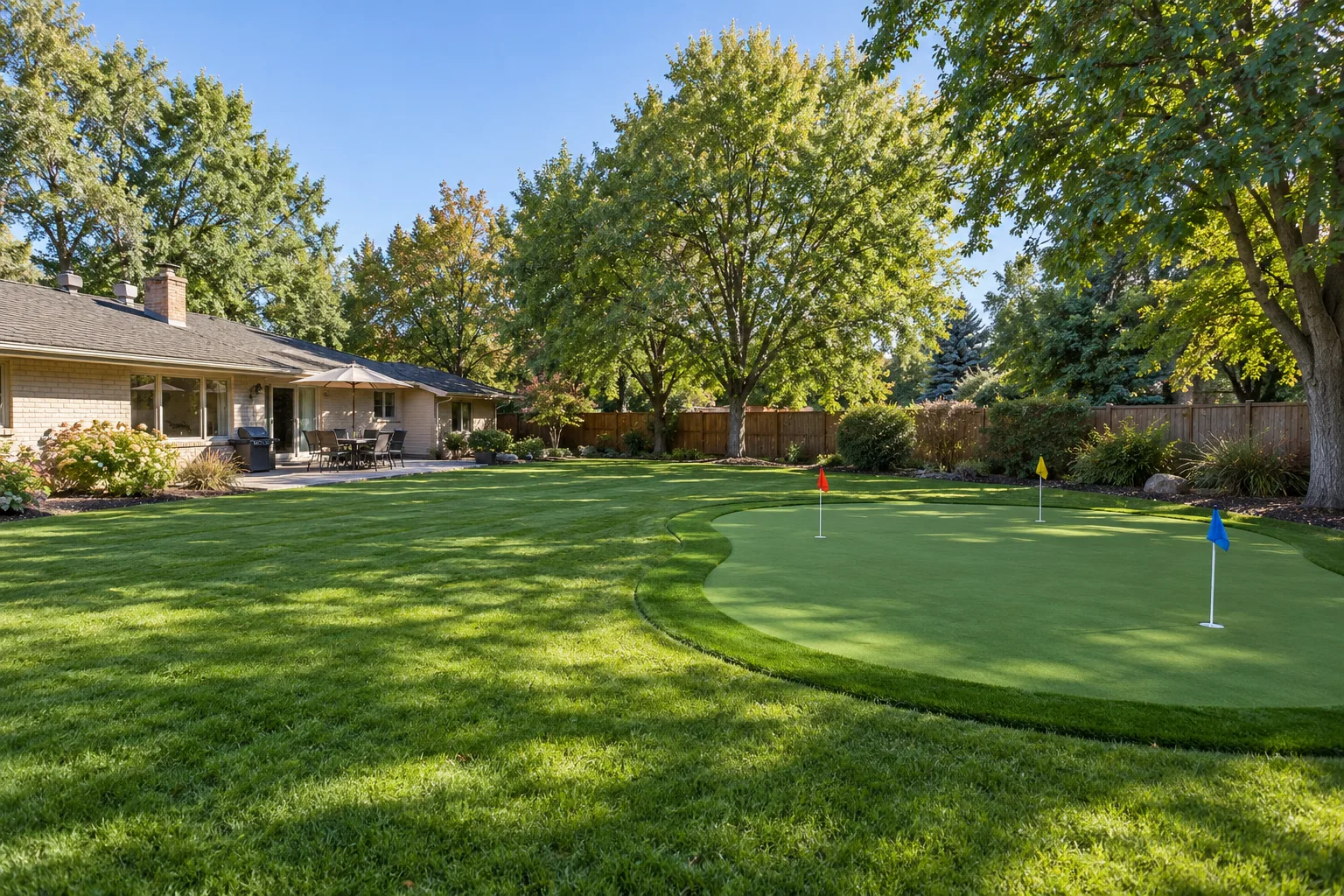 Wide backyard view of a synthetic putting green and mature trees near Old Town Meridian, Idaho