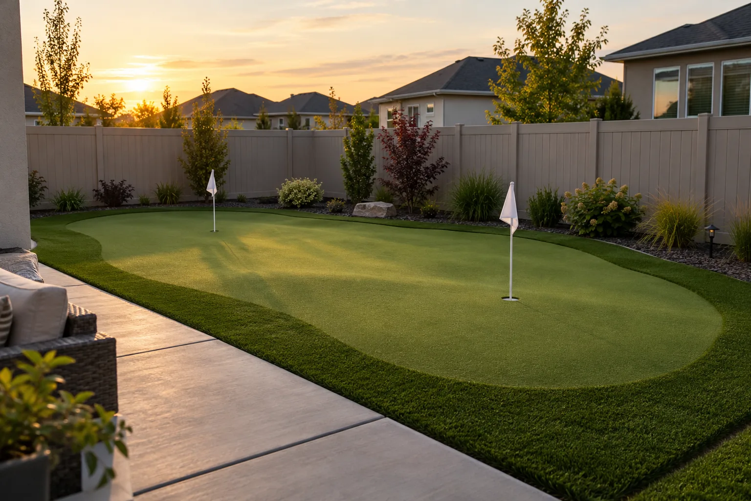 Backyard putting green installation with cups and fringe in a Meridian, Idaho subdivision