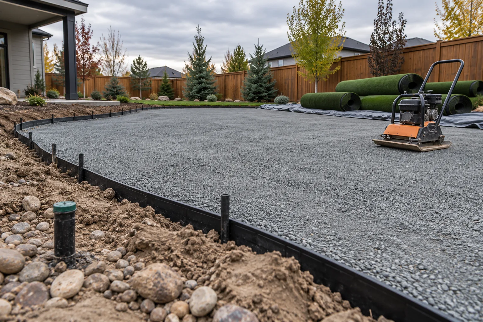 Compacted gravel base and edging prepared for artificial turf installation on a river-bottom lot in Eagle, Idaho