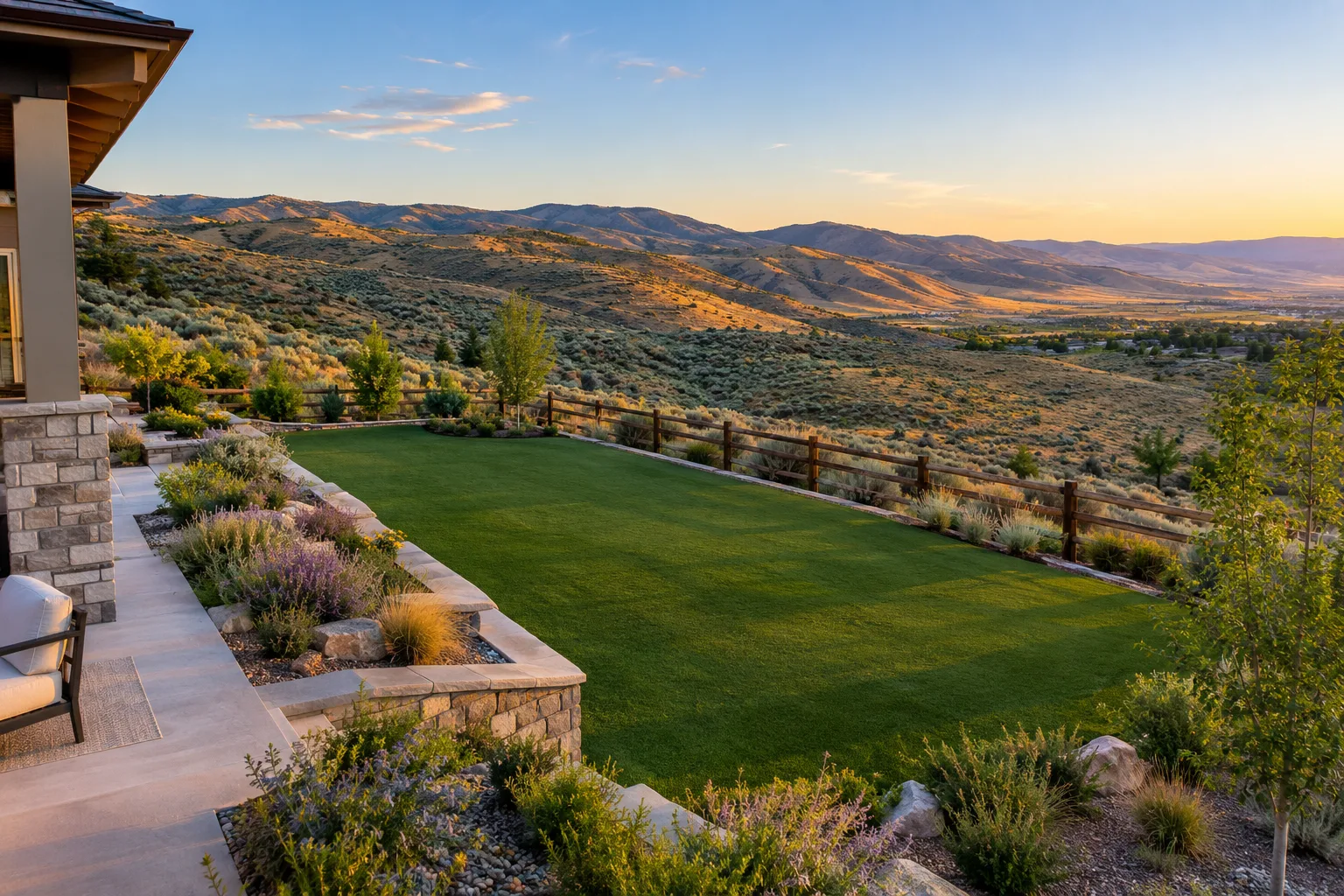 Artificial turf play lawn on a terraced sloped estate lot in the Eagle Foothills, Idaho