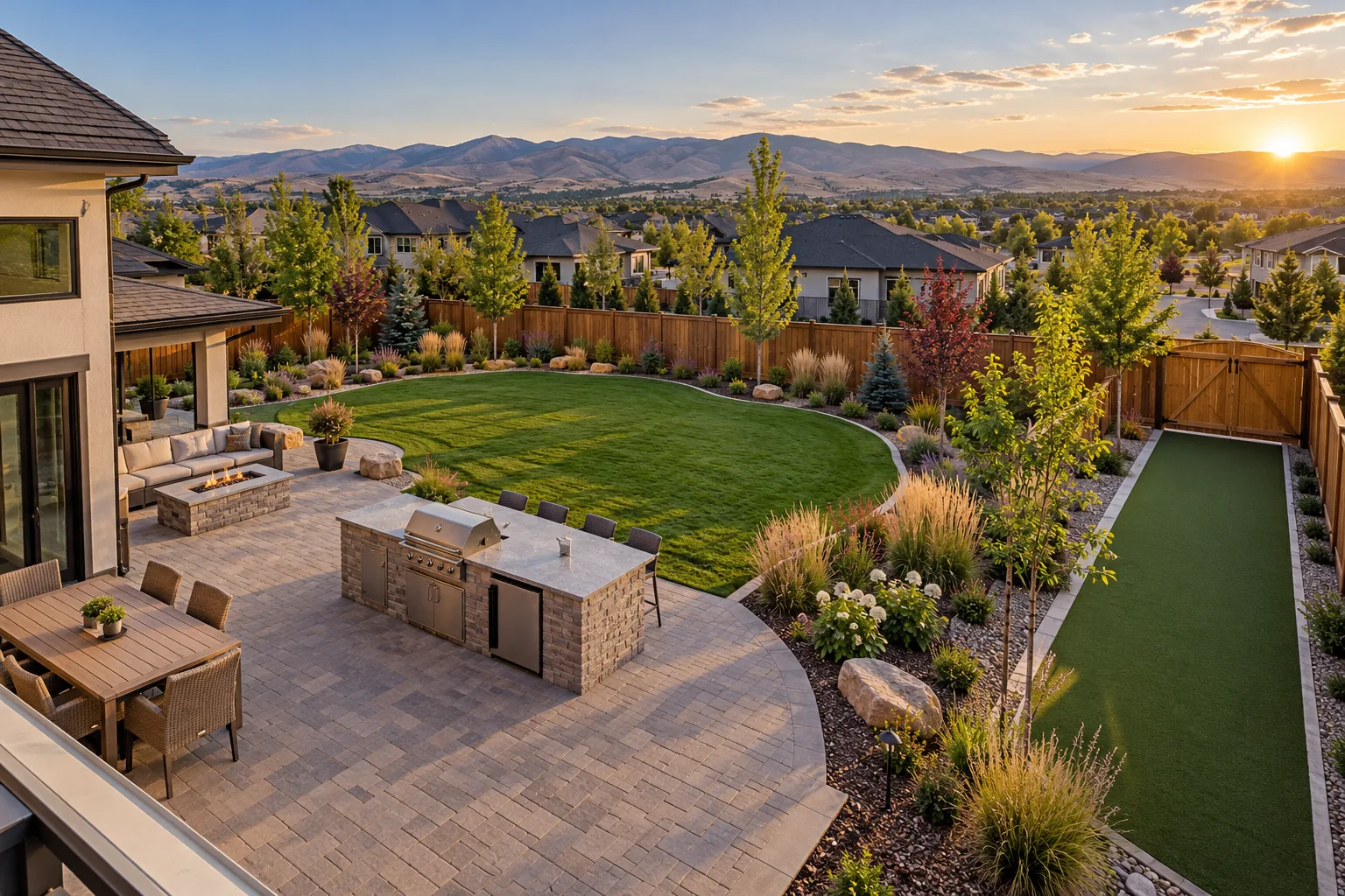 Wide view of a complete backyard renovation in Eagle, Idaho with lawn, outdoor kitchen, paver patio, and fenced yard
