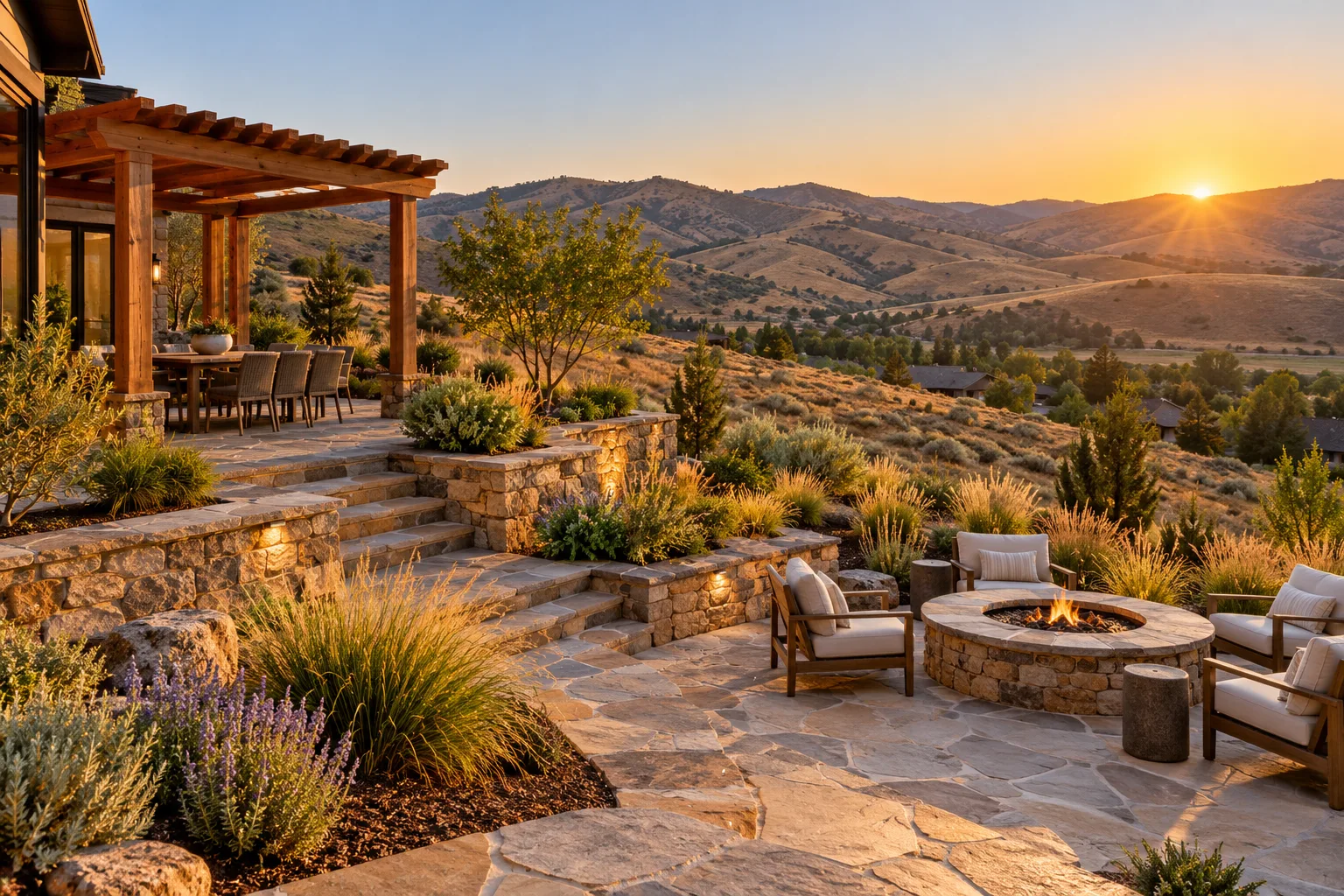 Finished backyard renovation in Eagle, Idaho with stone patio, fire pit, and pergola overlooking the Eagle Foothills