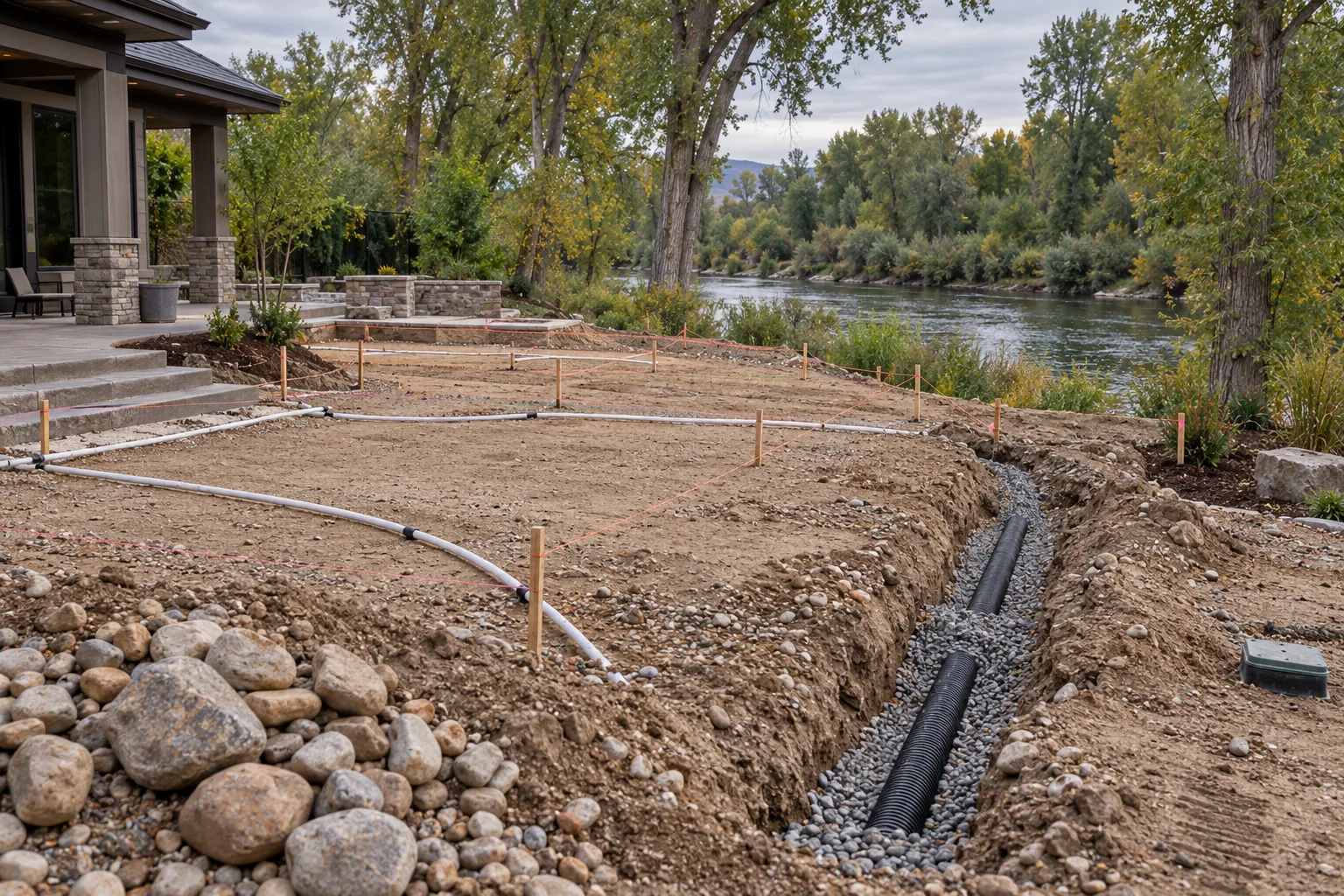 Backyard renovation in progress in Eagle, Idaho showing graded subgrade, drainage trench, and irrigation sleeves in cobbly soil