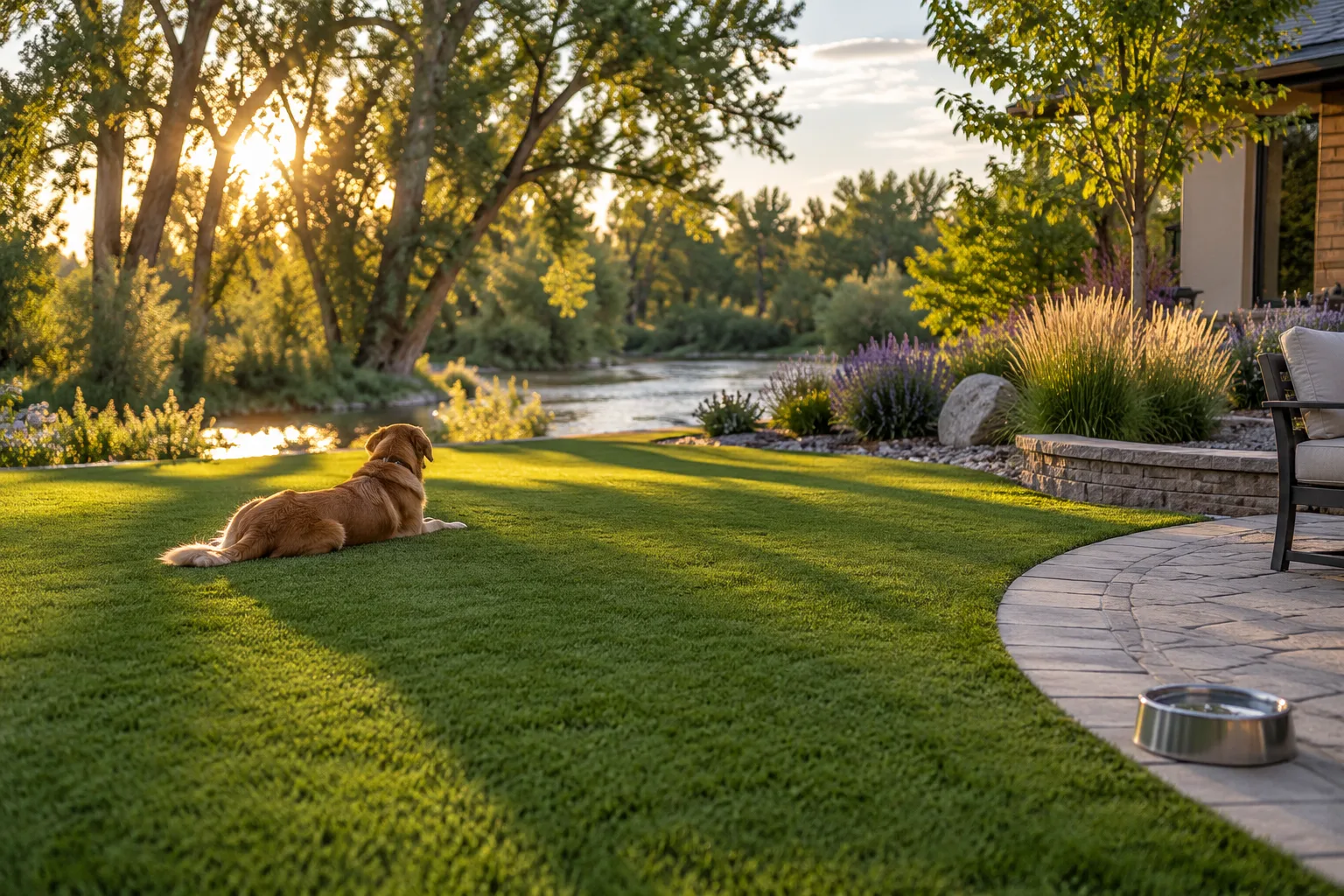 Pet-friendly artificial turf backyard with curved edging beside a paver patio in Eagle, Idaho