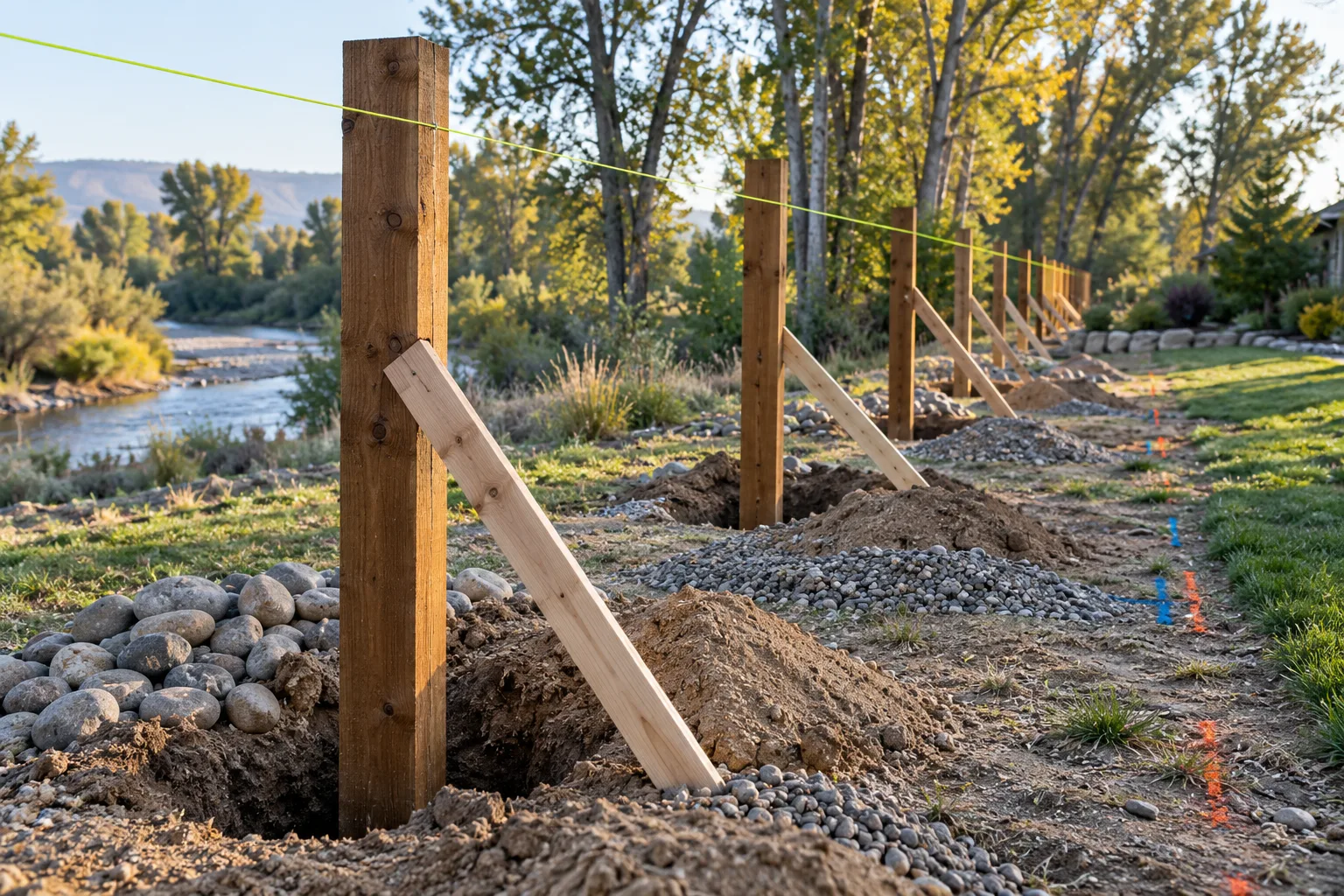 Fence posts set and braced in gravelly cobbly soil during fence installation near the Boise River in Eagle, Idaho