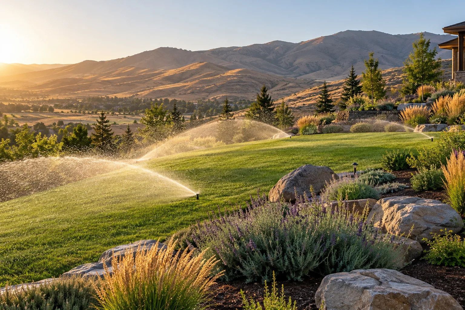 Rotor irrigation watering a sloped lawn at an Eagle, Idaho foothills home with drip-irrigated native plant beds