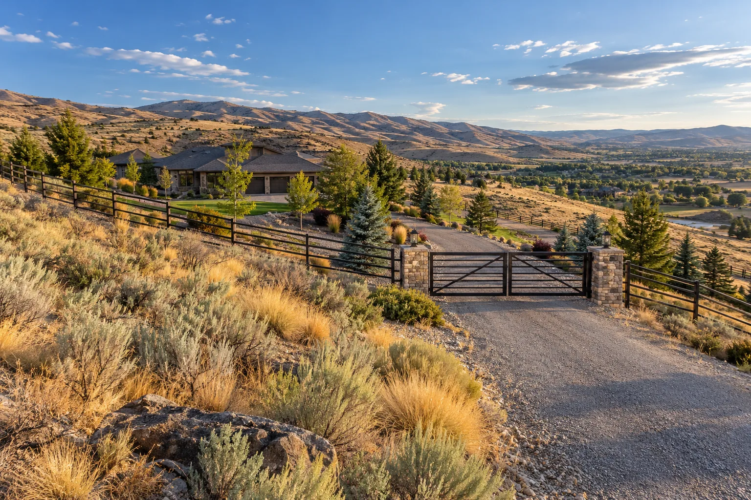 Perimeter fence stepping down a sloped estate lot with wide RV access gate in the Eagle Foothills, Eagle, Idaho