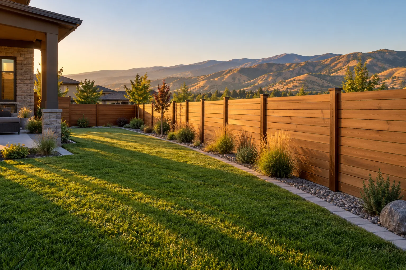 Finished backyard privacy fence installation at a semi-custom home in Eagle, Idaho with foothills in the distance