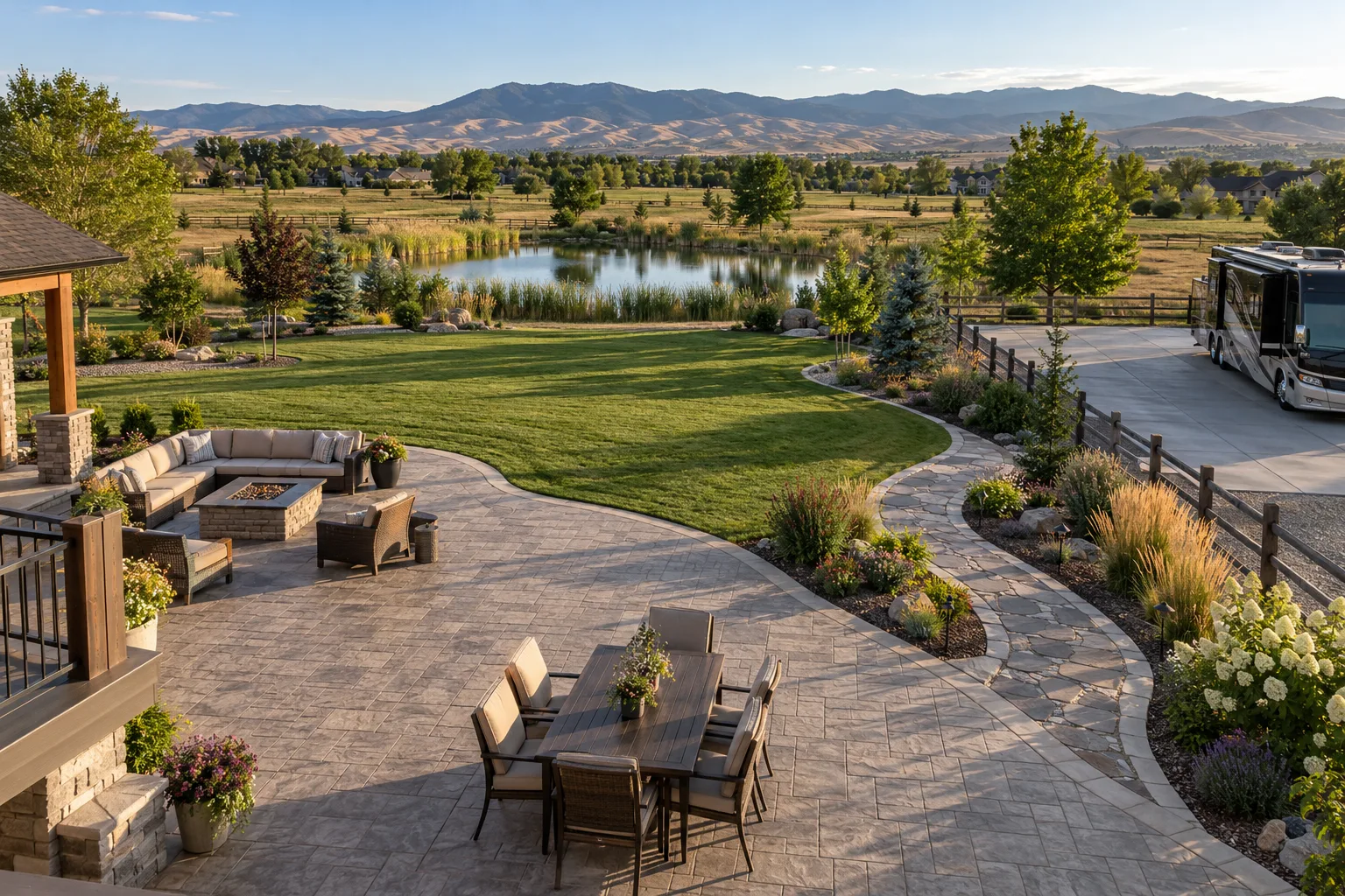 Wide estate backyard with stamped concrete patio, flagstone walkway, and RV pad in Eagle, Idaho