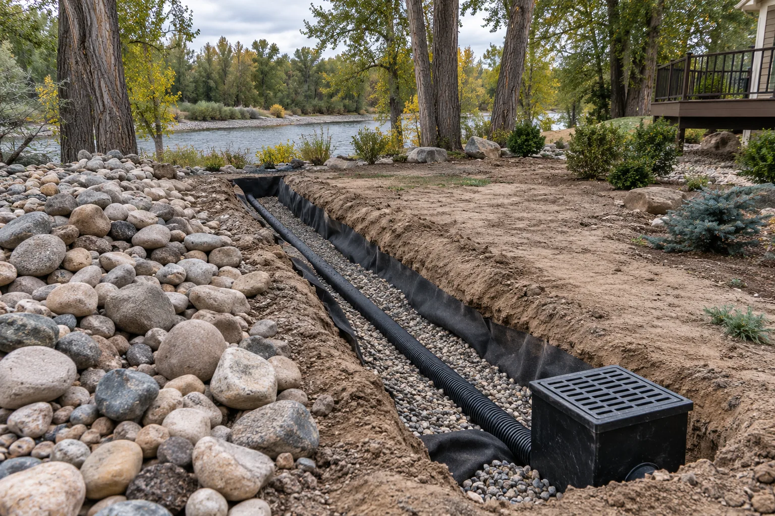 French drain trench with perforated pipe and drain rock being installed in a sandy Eagle, Idaho backyard near the Boise River