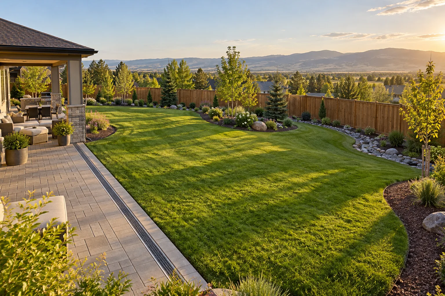 Finished backyard in Eagle, Idaho with graded lawn, swale, channel drain at the patio, and drip-irrigated beds