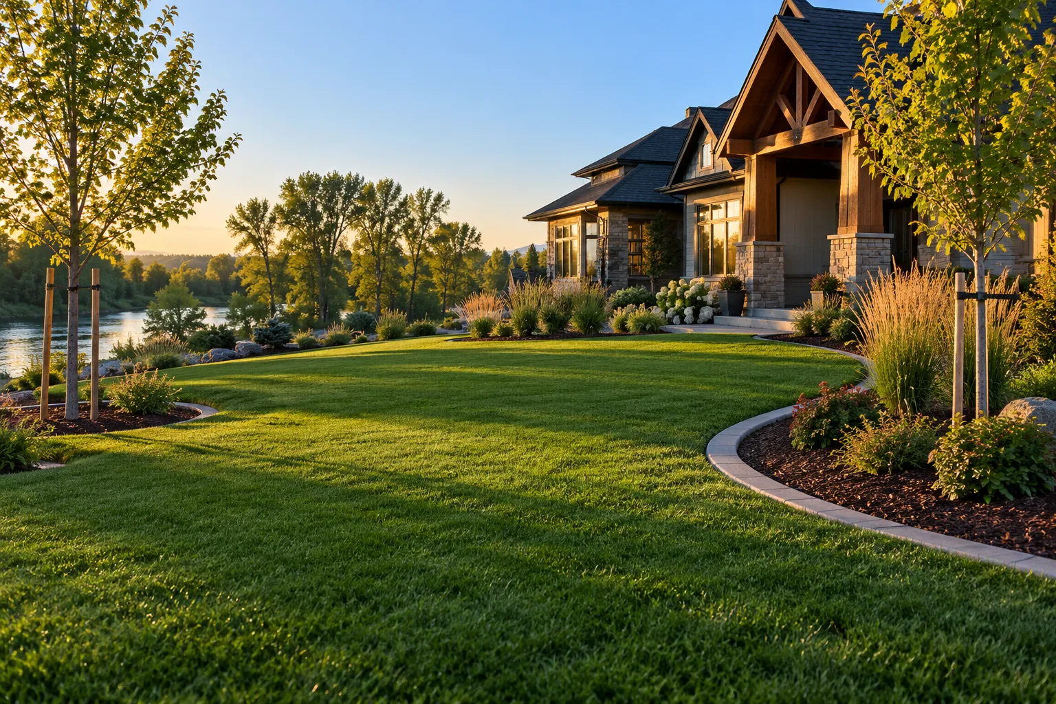 New sod lawn with curved planting beds and young trees at a custom home in Eagle, Idaho