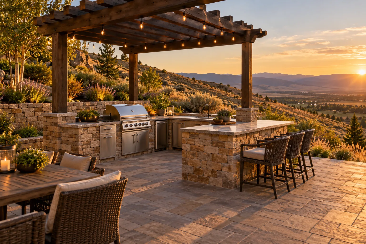 Outdoor kitchen with stone BBQ island and pergola on a terrace overlooking the foothills in Eagle, Idaho