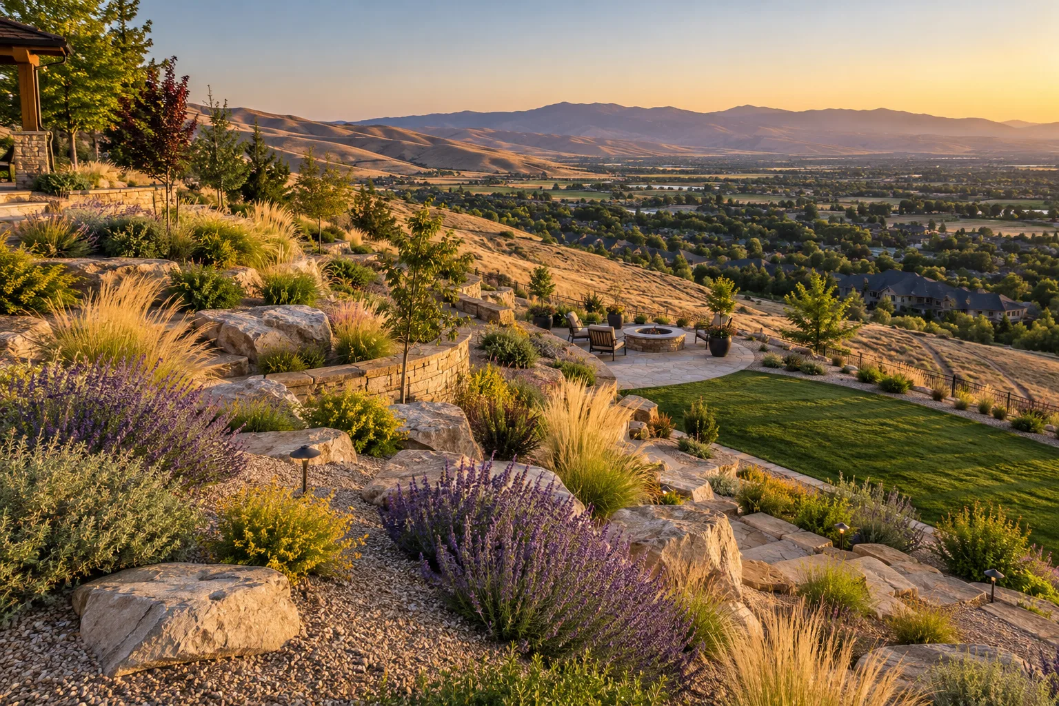 Low-water xeriscape landscape with rock, boulders, and drought-tolerant plants on a sloped Eagle Foothills lot in Eagle, Idaho
