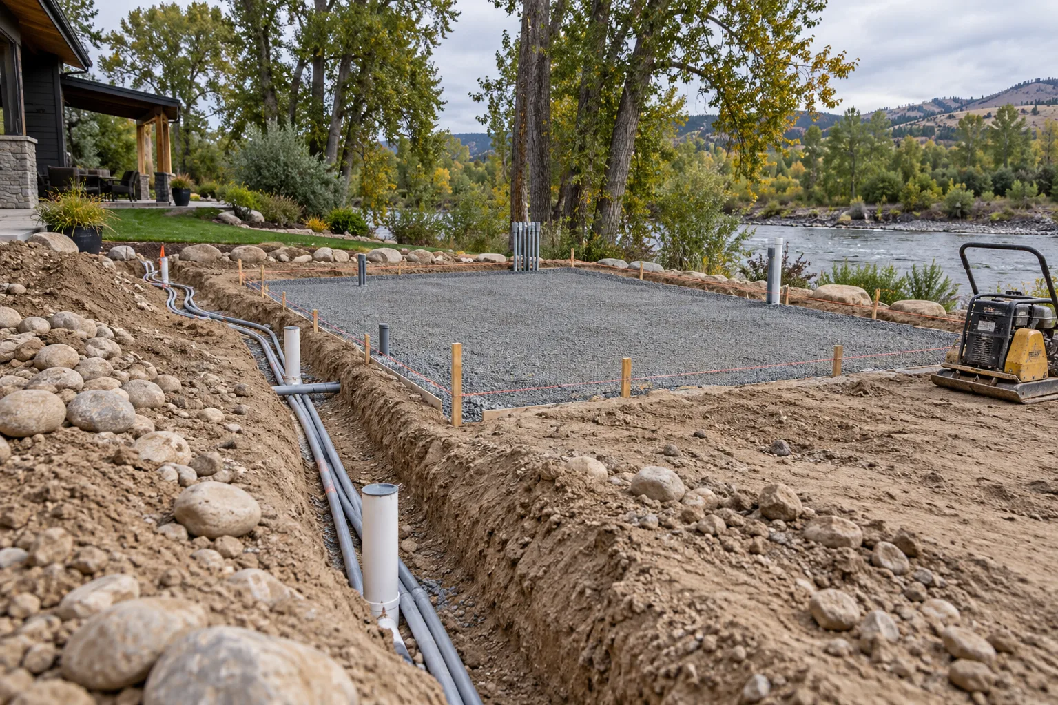 Utility trenches and compacted gravel base prepared for an outdoor kitchen island in Eagle, Idaho