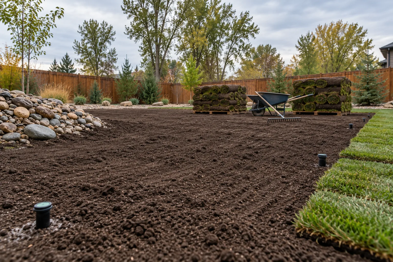 Soil preparation and sod rolls staged over graded topsoil during landscaping in Eagle, Idaho