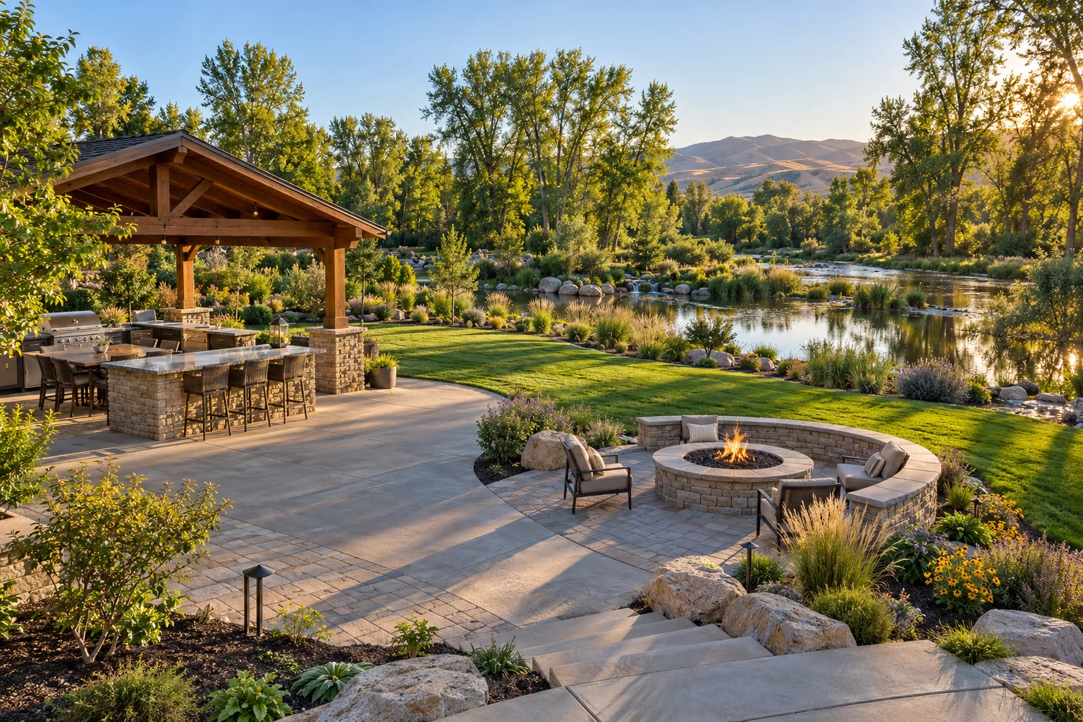 Large backyard with outdoor kitchen, fire pit seating, and lawn near cottonwoods in Eagle, Idaho