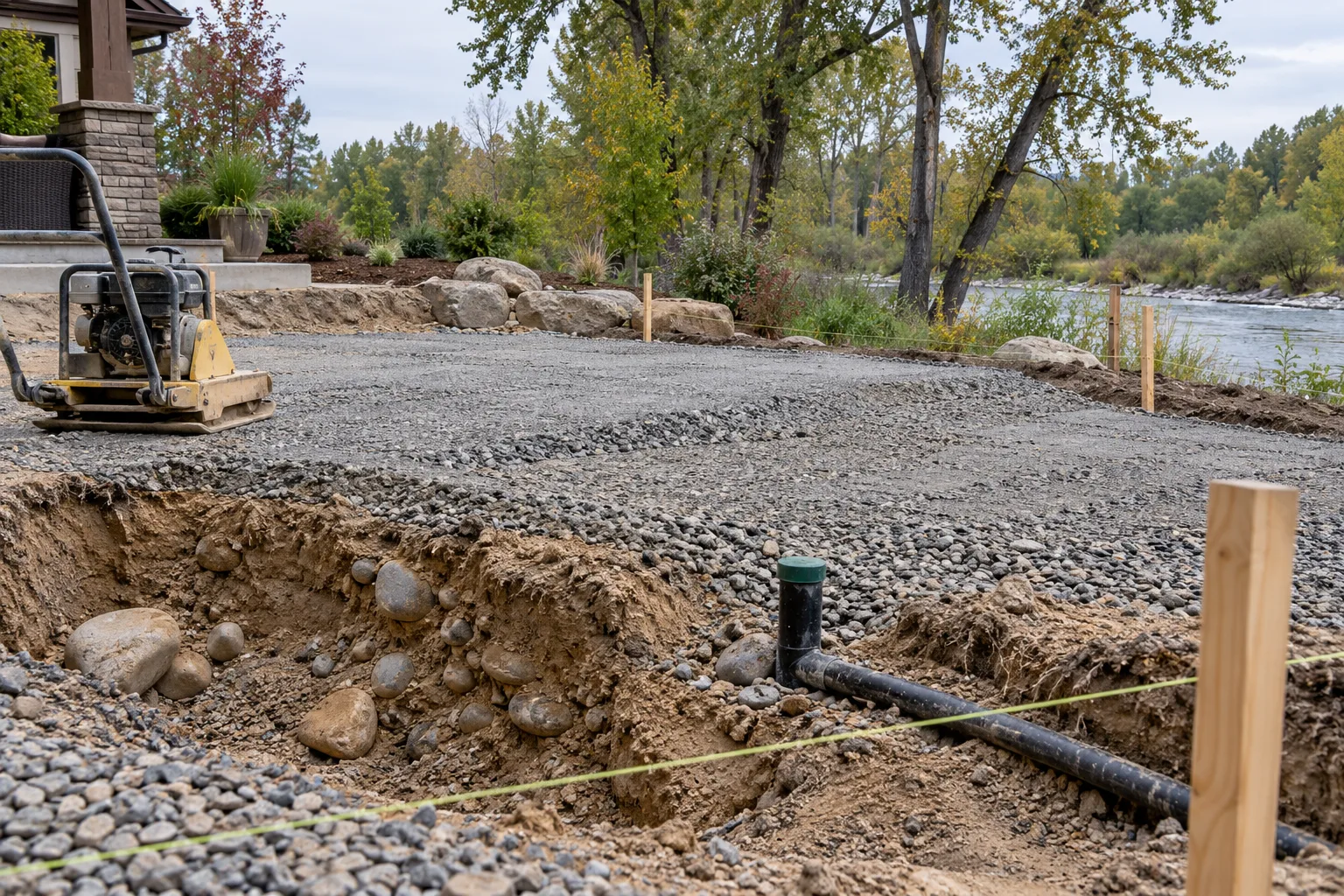 Patio base excavation showing river cobble soil and compacted gravel in Eagle, Idaho