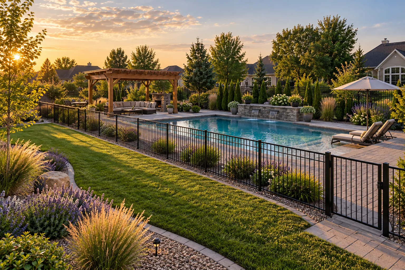 Wide view of a finished pool backyard with paver deck, lawn, fencing, and pergola in Eagle, Idaho
