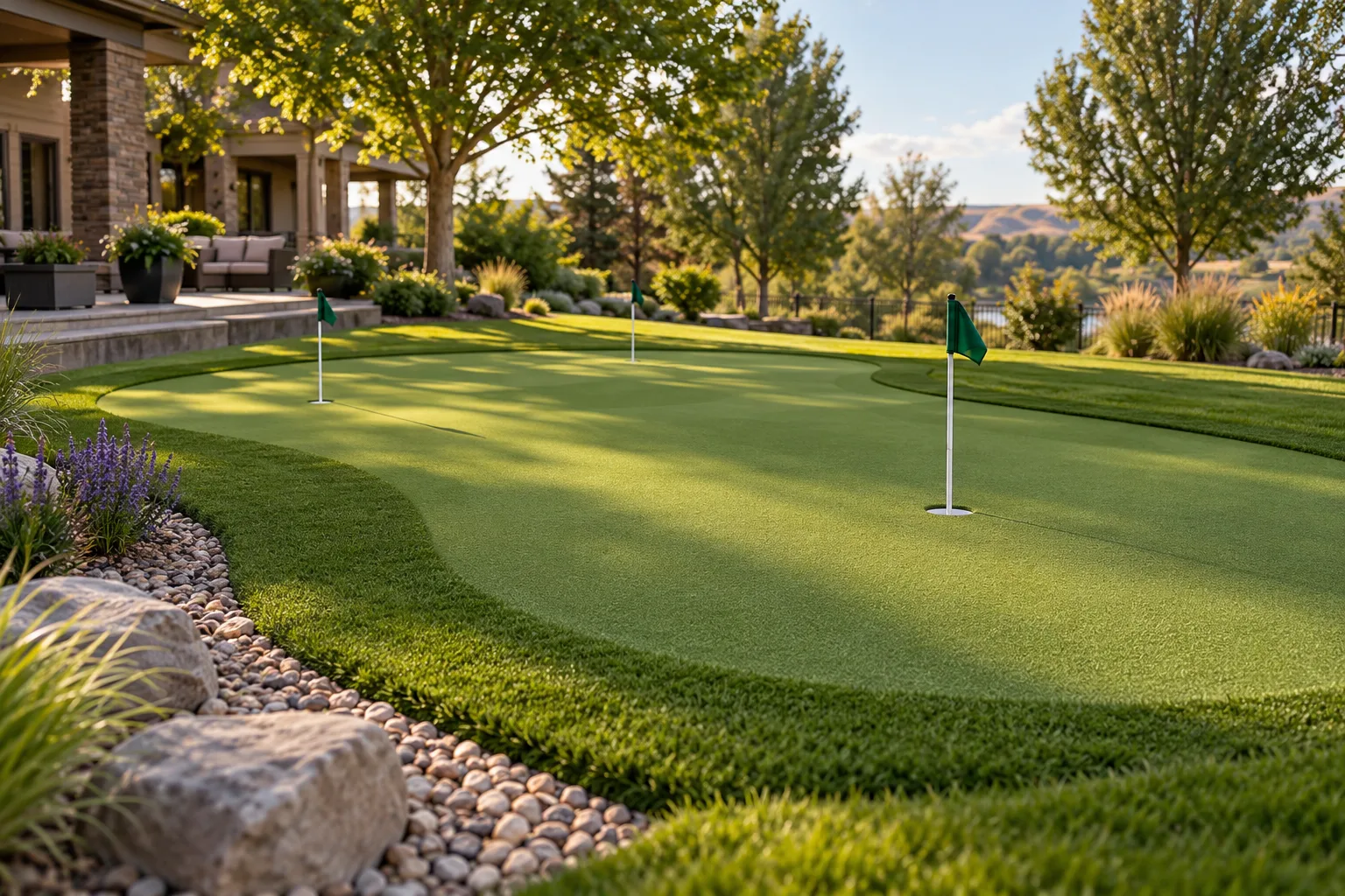 Finished backyard putting green installation with cups, plain flags, and fringe in Eagle, Idaho