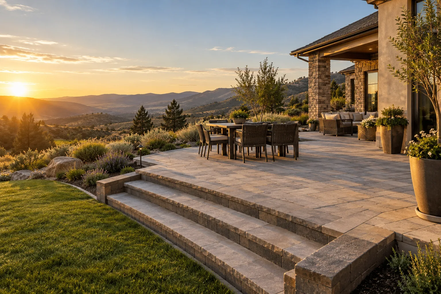 Finished concrete paver patio with low steps on a sloped foothill lot in Eagle, Idaho