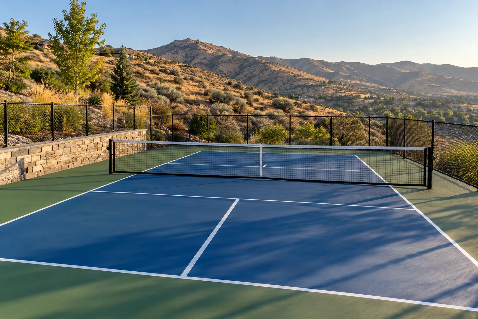 Backyard pickleball court with net and perimeter fencing on a foothills estate lot in Eagle, Idaho