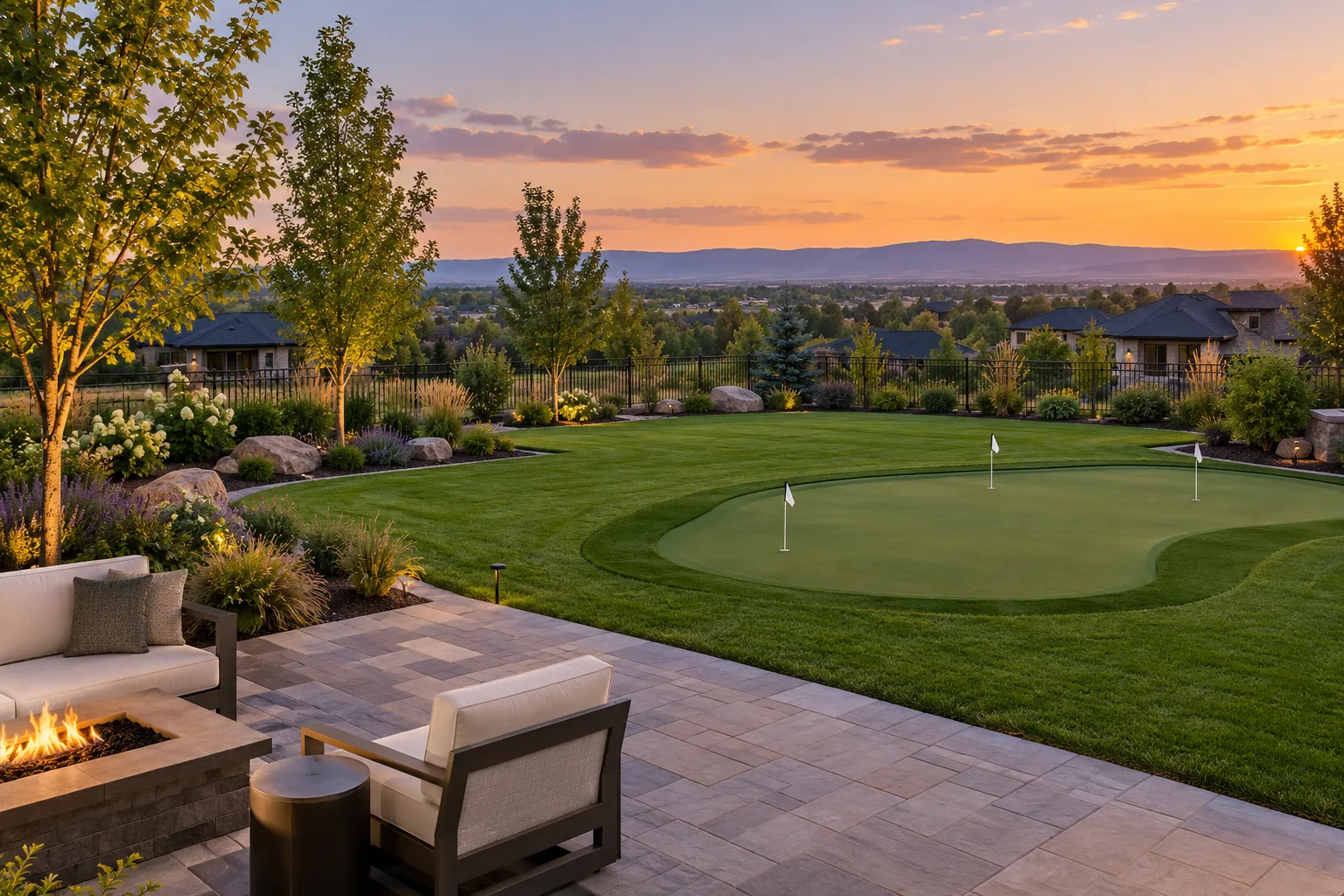 Wide backyard putting green with fringe, patio, and surrounding lawn in Eagle, Idaho