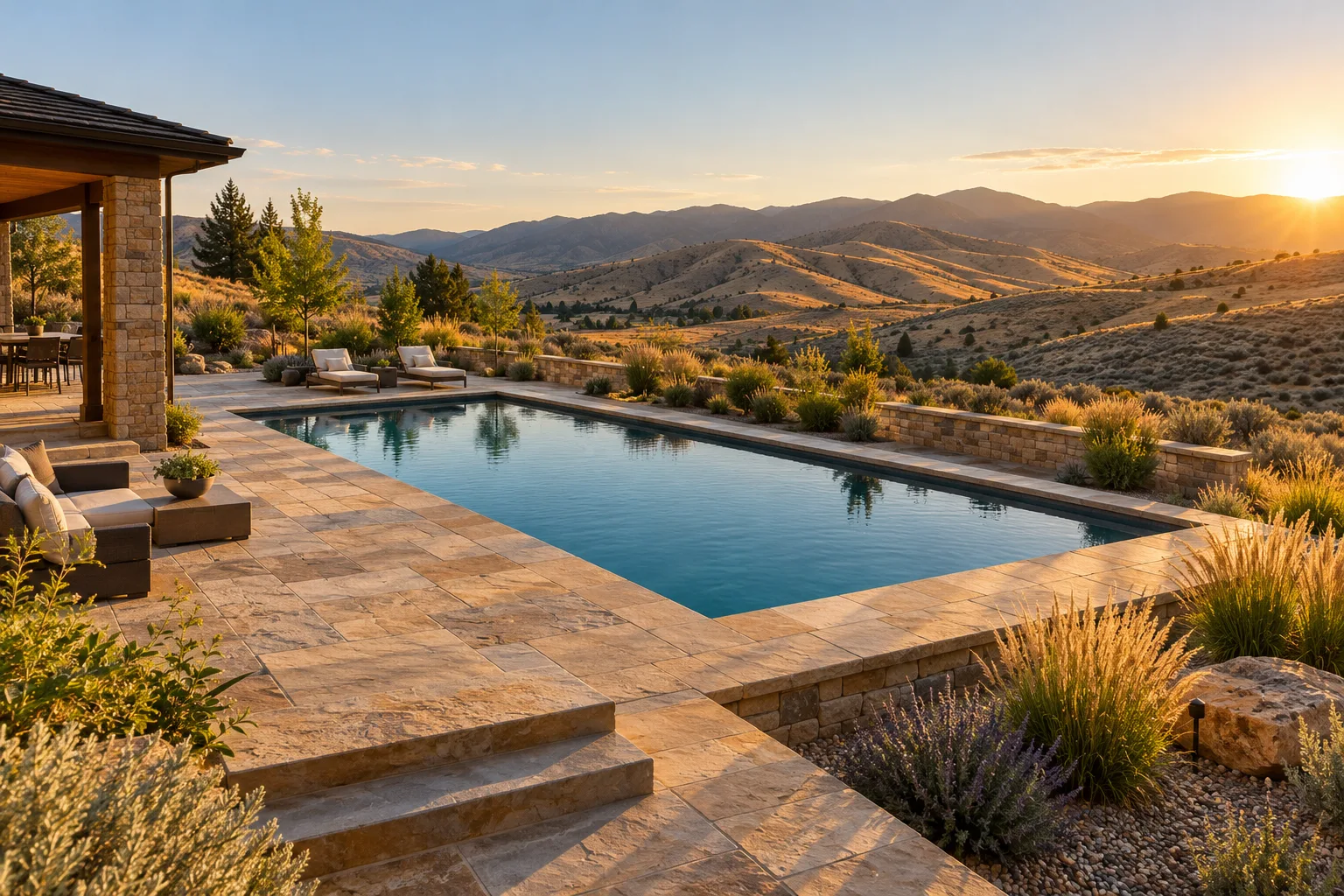 Finished stone pool deck with a view of the foothills on a sloped estate lot in Eagle, Idaho