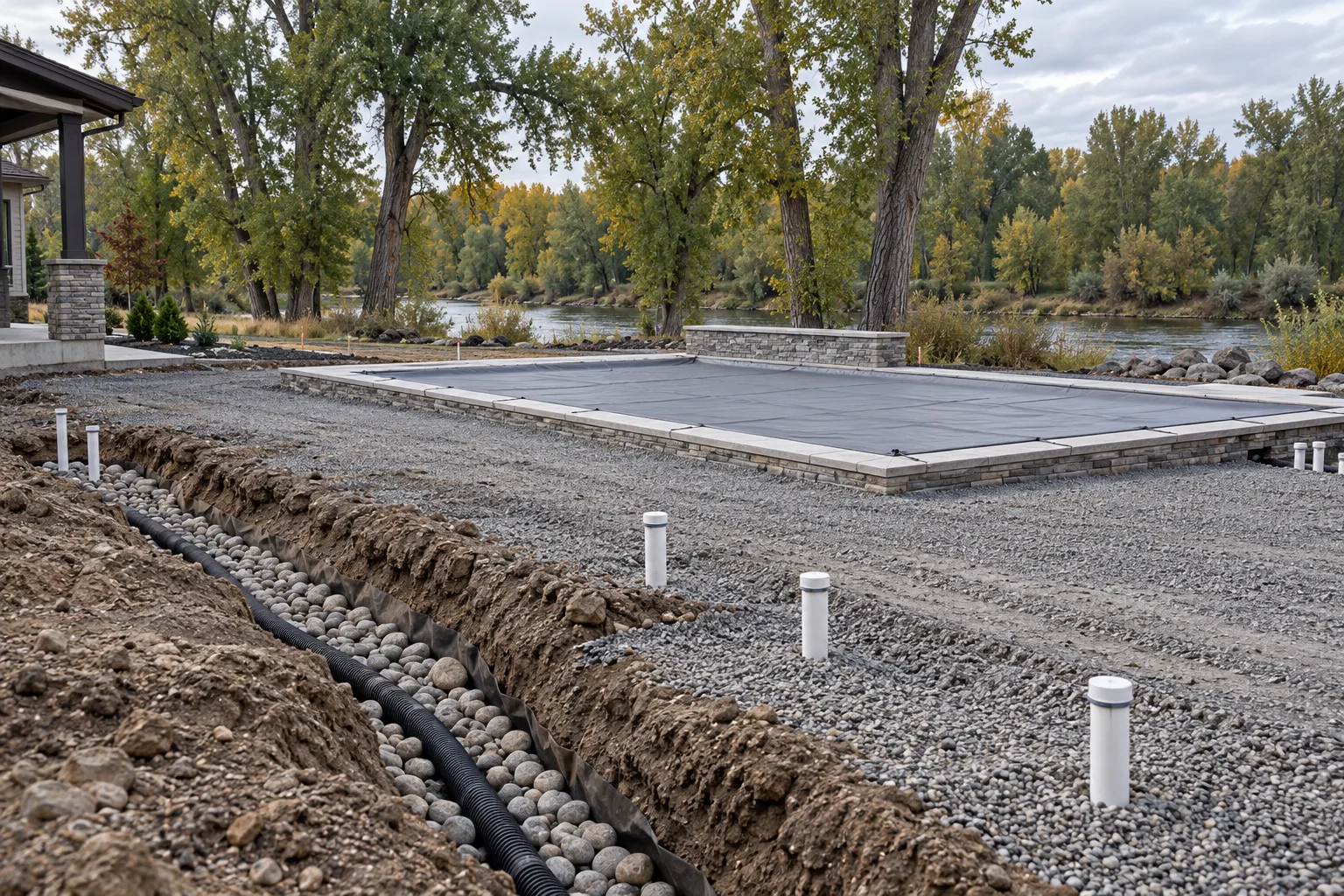 Pool site preparation with compacted gravel base and channel drain layout around a pool in Eagle, Idaho