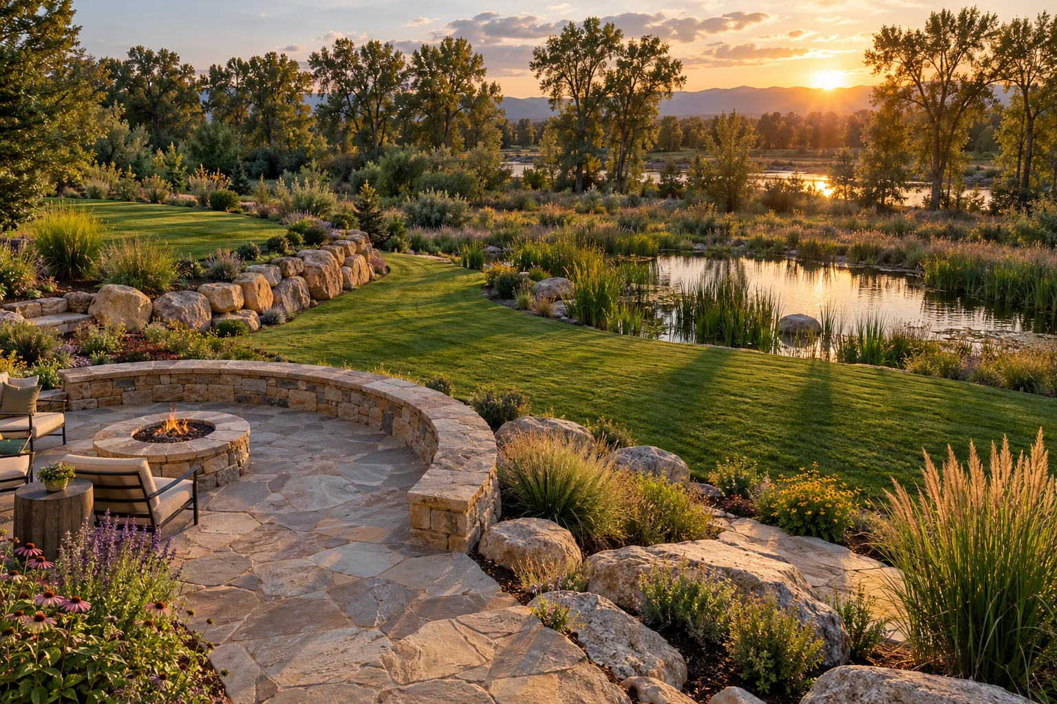 Boulder retaining wall and stone seat wall around a patio in a large backyard in Eagle, Idaho near a pond