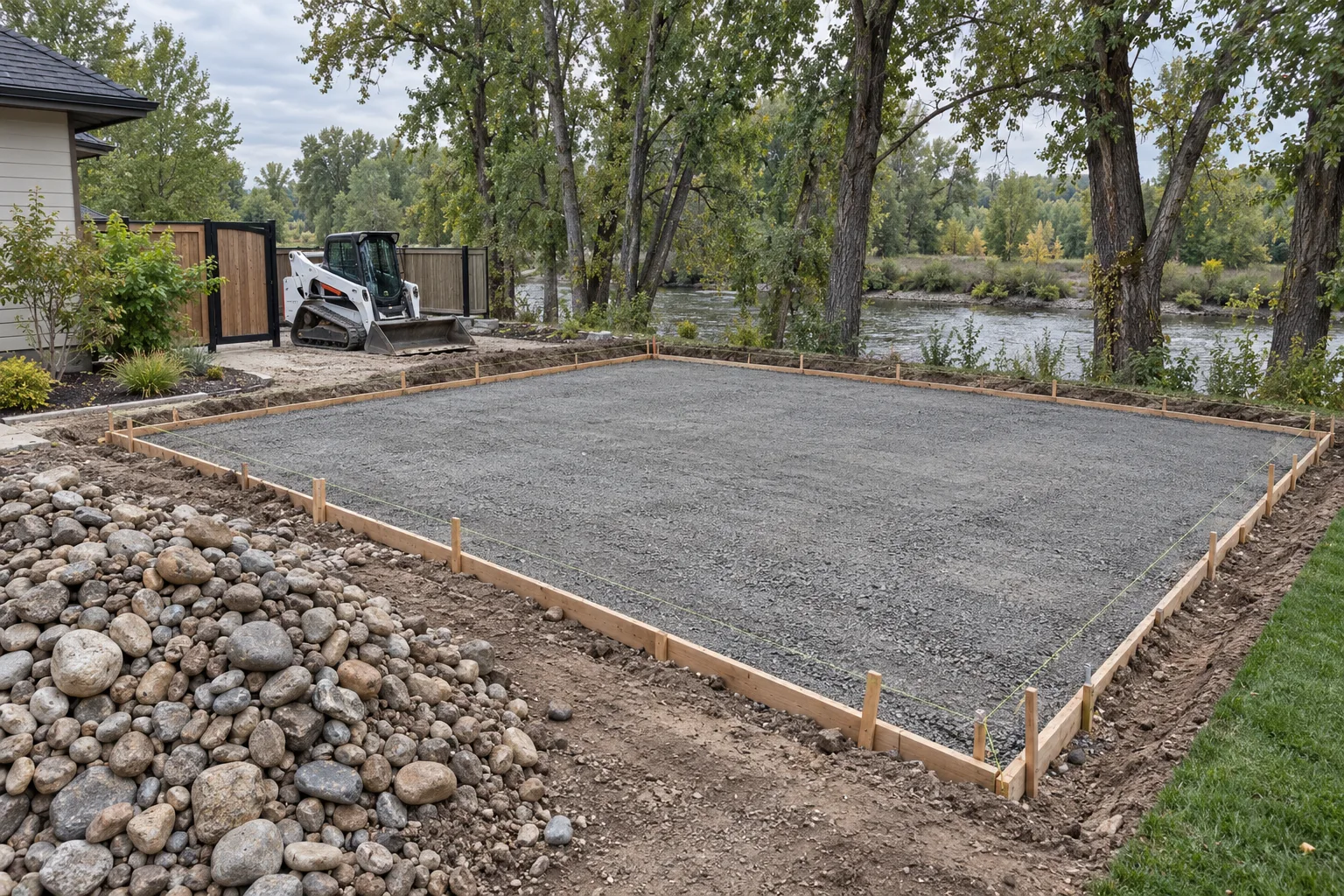 Sport court base preparation with compacted aggregate and slab forms on a river-bottom lot in Eagle, Idaho