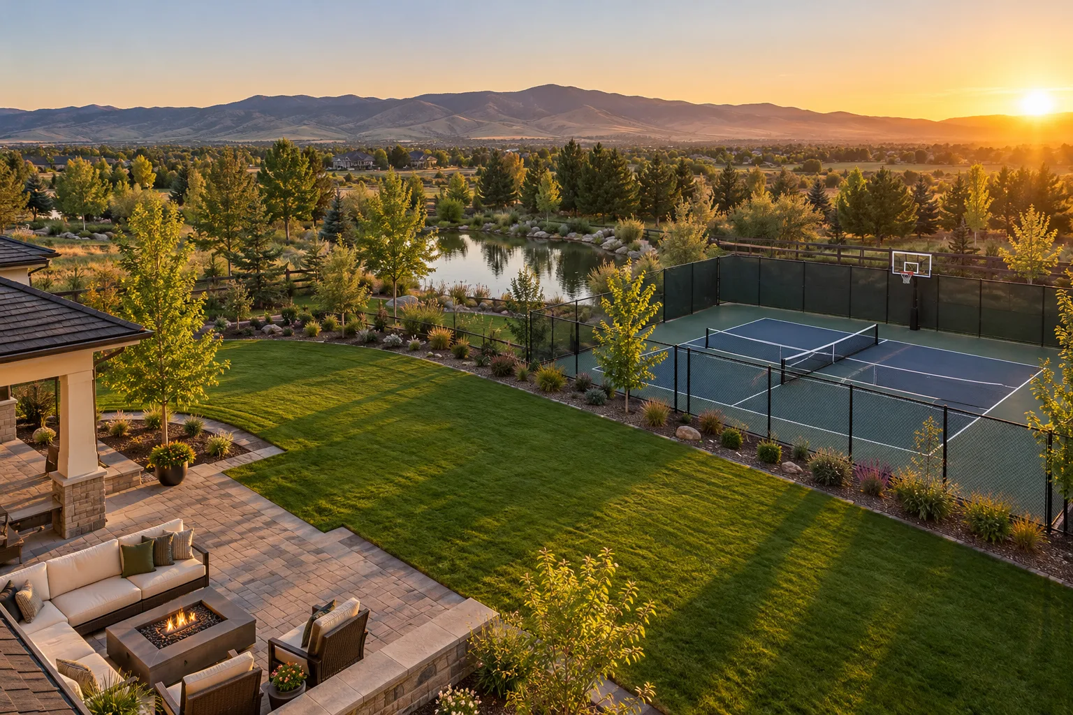 Multi-use backyard sport court with pickleball lines and fencing beside lawn and patio in Eagle, Idaho