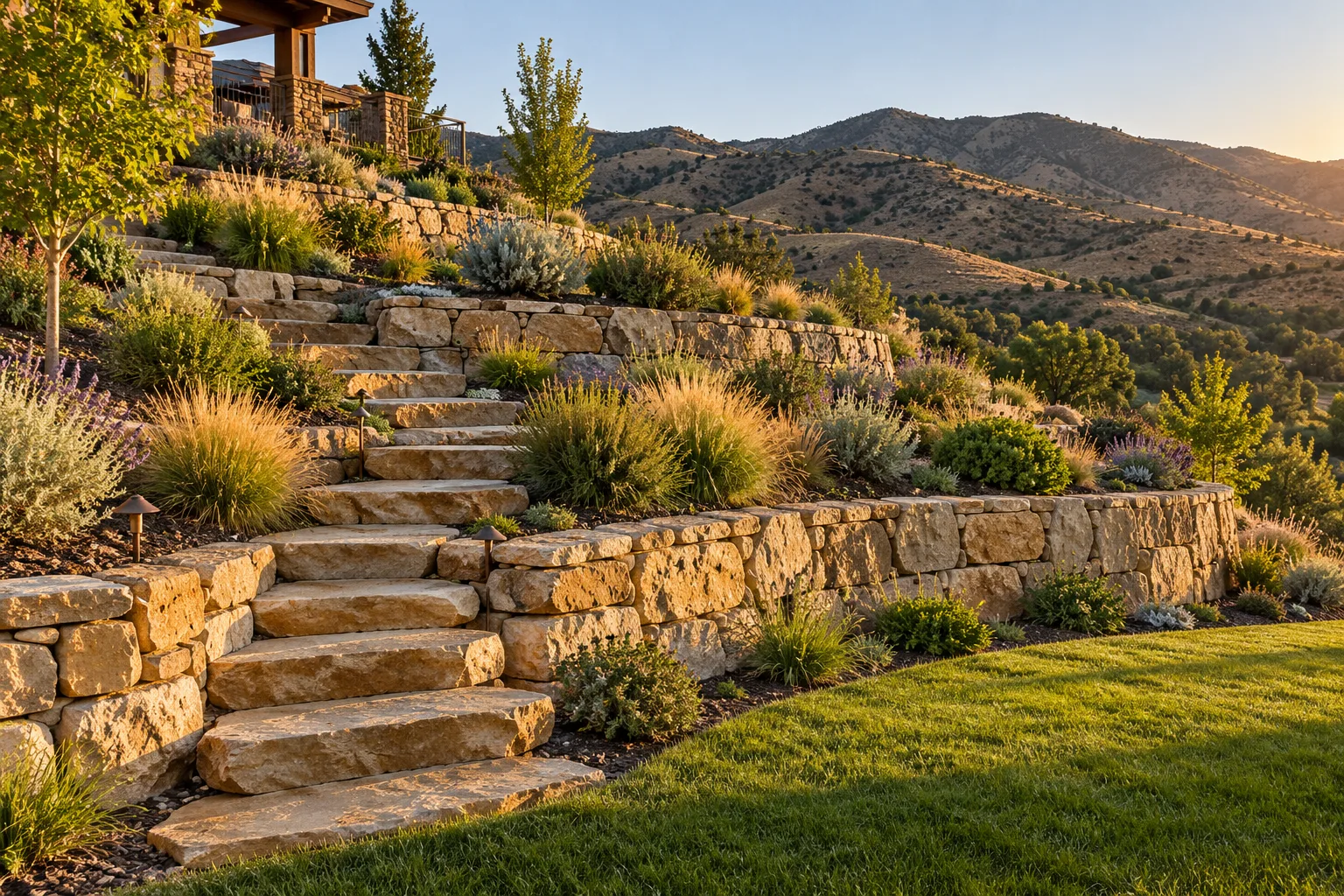 Terraced natural stone retaining walls on a sloped foothills lot in Eagle, Idaho, with planted tiers and a view