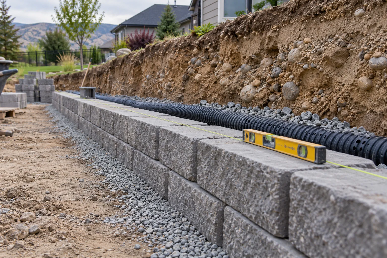 Retaining wall base trench with drain pipe and drainage aggregate during construction in Eagle, Idaho