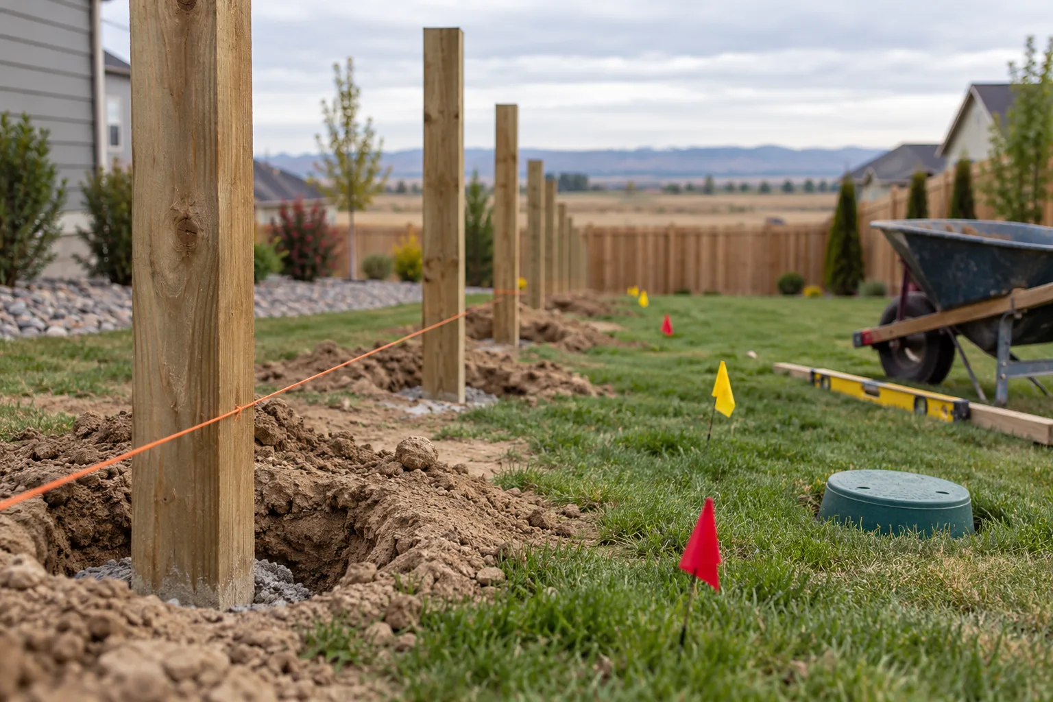Fence post setting in progress during fence installation in Nampa, Idaho, with string line and marked utility flags