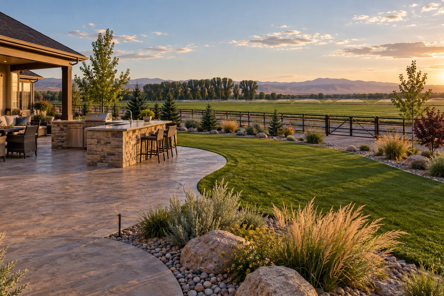 Wide view of a complete backyard renovation on a small acreage lot in Nampa, Idaho near open farmland