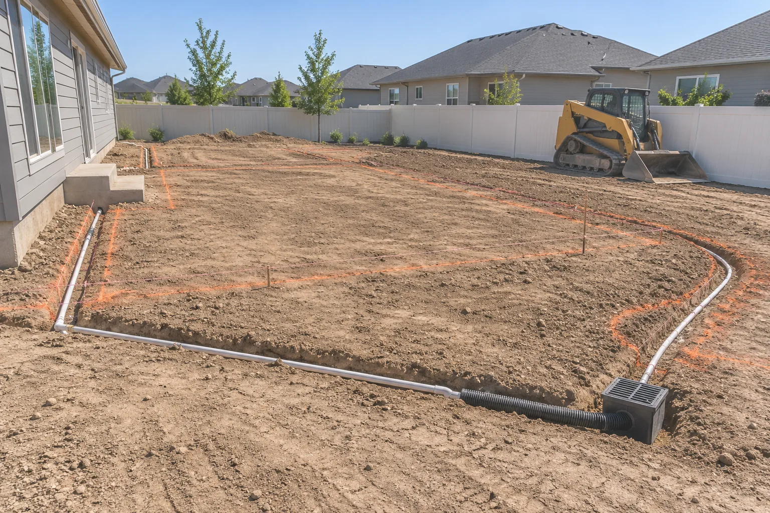 Backyard renovation grading and irrigation trenching in a flat Nampa, Idaho subdivision yard