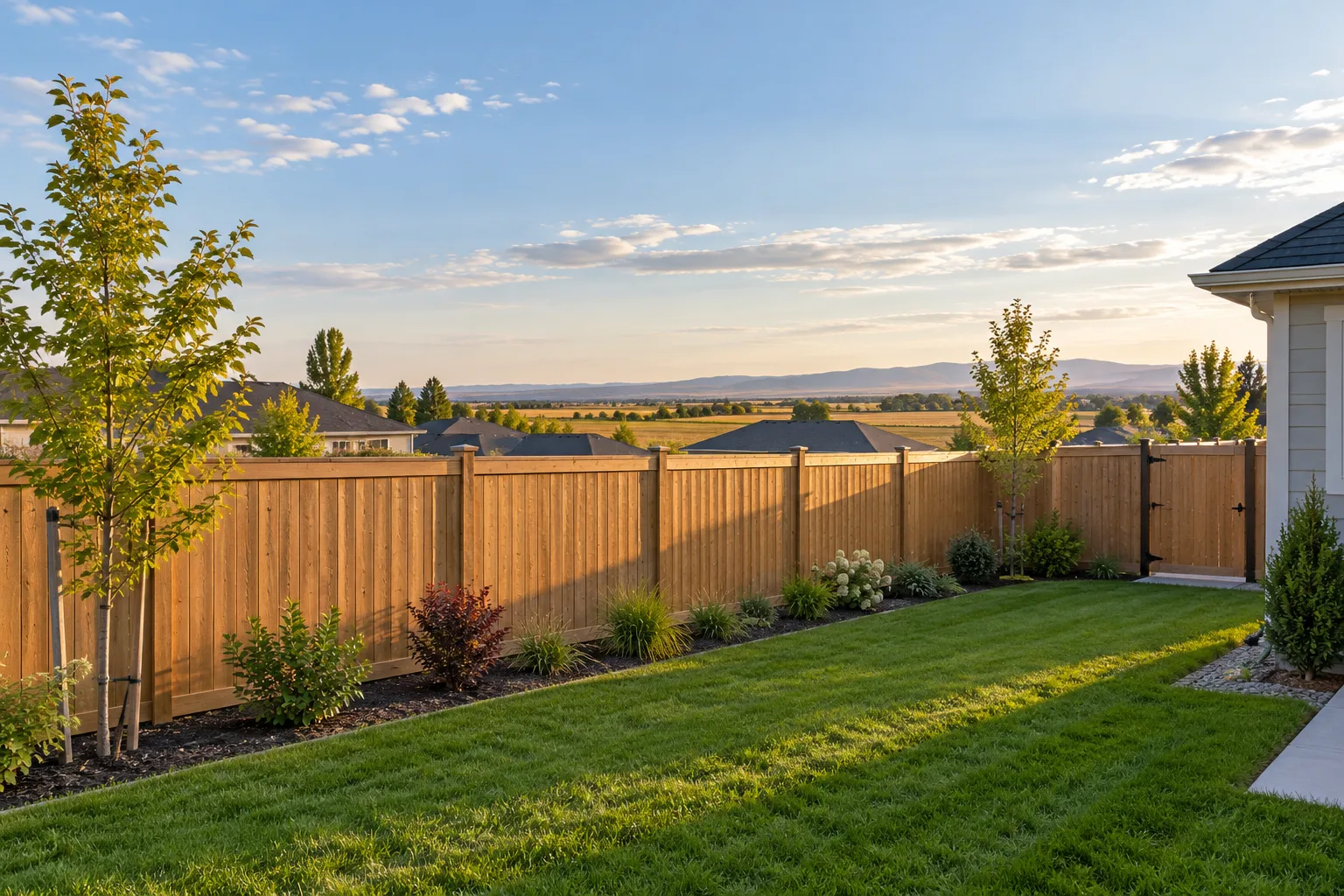 New privacy fence installation along a backyard in a Nampa, Idaho subdivision with a matching side gate