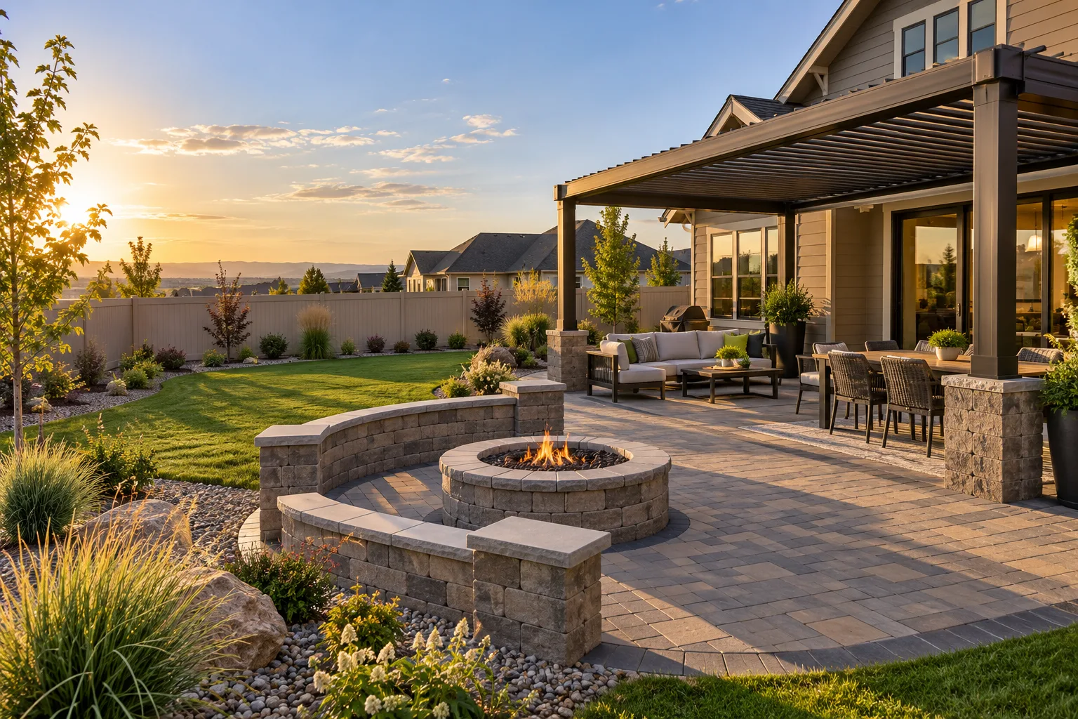 Finished backyard renovation in Nampa, Idaho with paver patio, pergola, fire pit, and new sod lawn