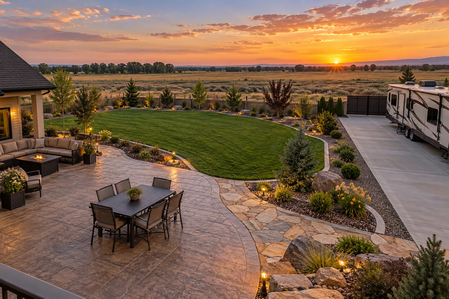 Stamped concrete patio, flagstone walkway, curbing, and RV pad on a small acreage lot in Nampa, Idaho